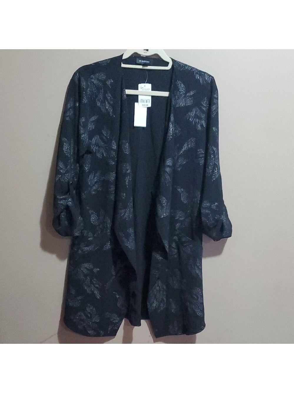Le Chateau Black and Silver Patterned Open Front Blazer Size Medium